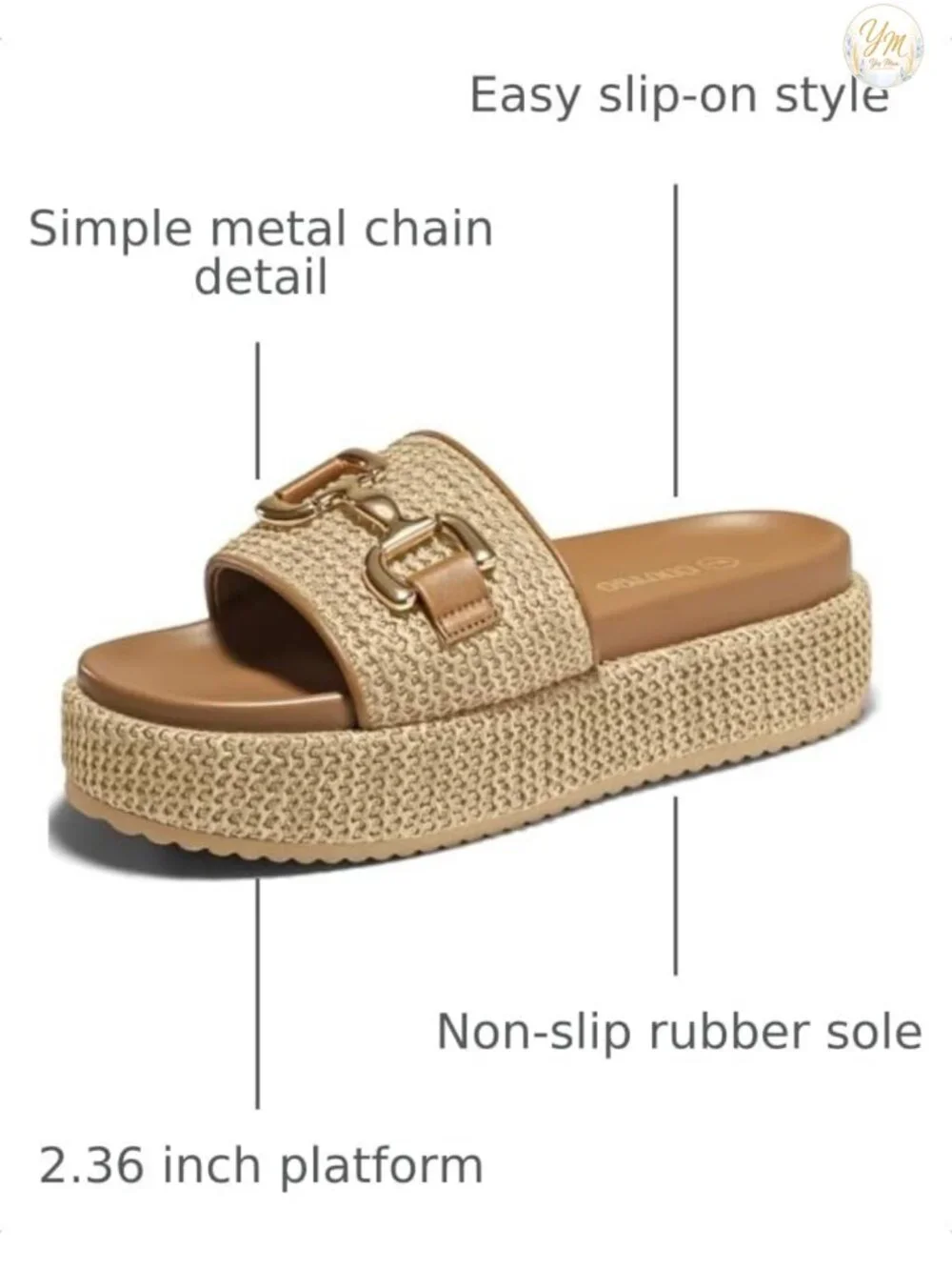 Raffia Platform Espadrille Slide Sandals with Metal Chain, Slip On Open Toe
